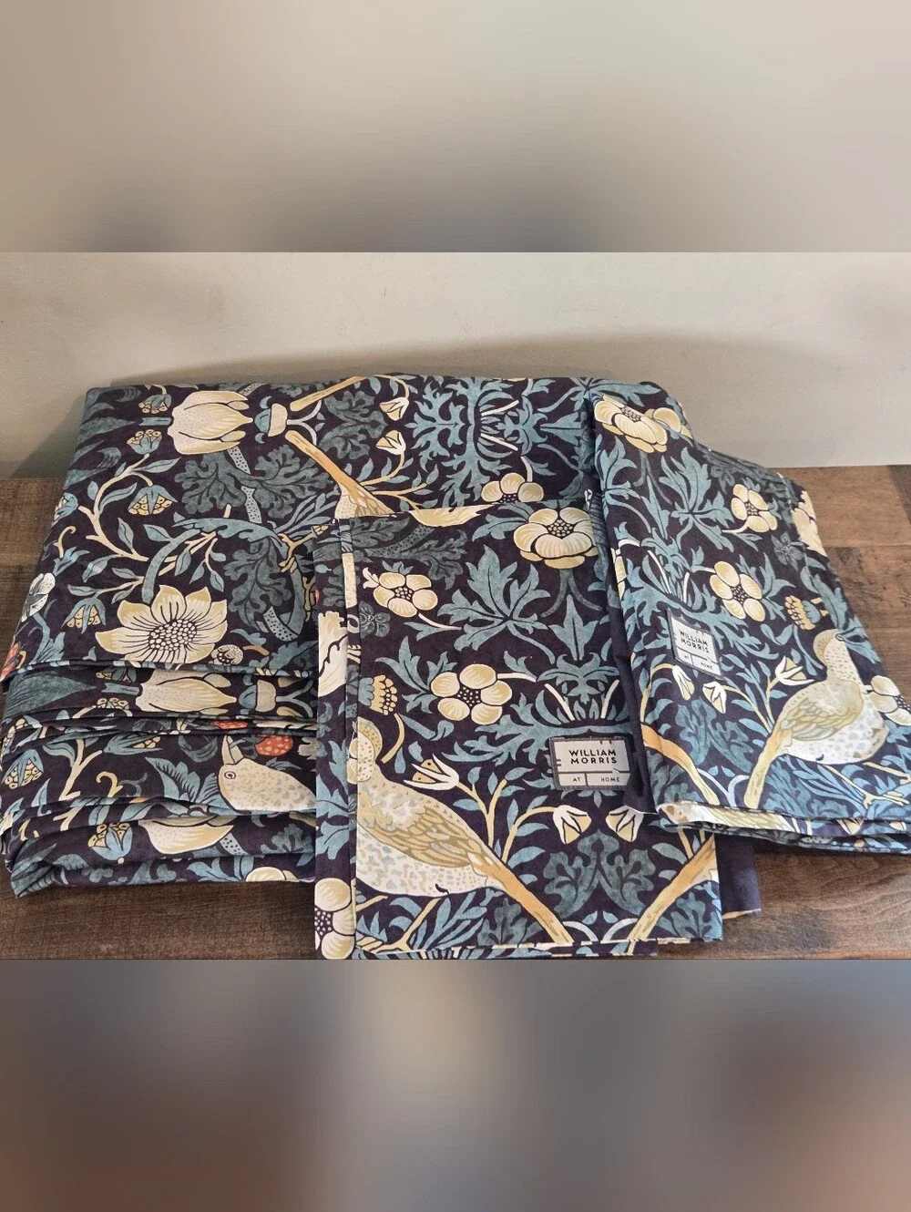 3pc WILLIAM MORRIS Navy Blue Strawberry Thief Summer Queen Duvet Cover Set RARE